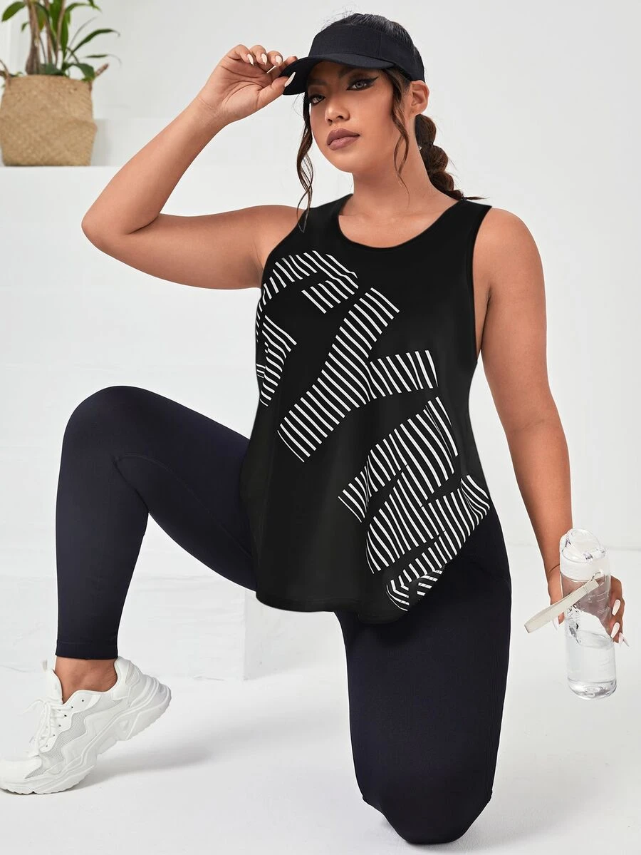 SHEIN Rhythm Era Plus Letter & Striped Print Sports Tank Top - Black - View 1