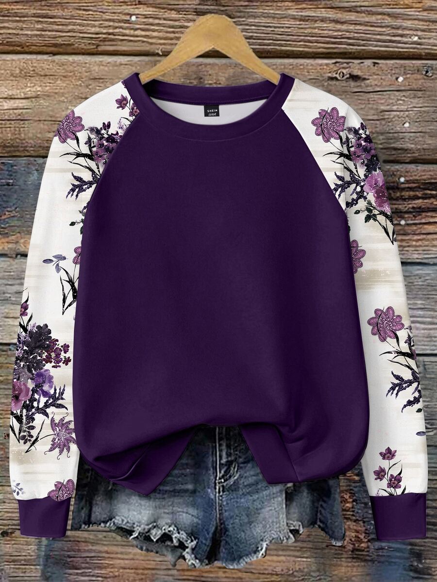 EMERY ROSE Casual Romantic Floral Print Plus Size Women's Autumn/Winter Raglan Sleeve Purple Sweatshirt - Multicolor - View 1