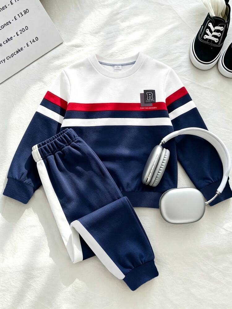 Genkimix Kids 2pcs Young Boy Casual Sports College Street Style Cute Cool Graphic Three-Panel Striped Sweatshirt + Pants Set, Suitable For Daily Wear, School, Outings, Sports, Spring And Autumn, Minimalist And Elegant Design, Comfortable And Fashionable, Practical And Stylish Choice For Boys' Wardrobe - Navy Blue - View 3