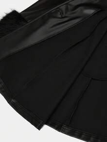Sweetra Jaket PU Wanita Ukuran Besar dengan Kerah Bulu Imitasi, Lengan, dan Patchwork, yang Mengencangkan Pinggang, untuk Musim Dingin. - Hitam - View 4