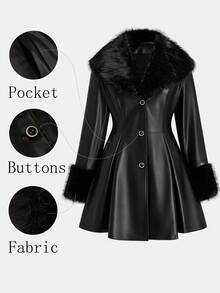 Sweetra Jaket PU Wanita Ukuran Besar dengan Kerah Bulu Imitasi, Lengan, dan Patchwork, yang Mengencangkan Pinggang, untuk Musim Dingin. - Hitam - View 1