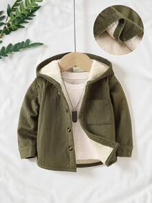 SHEIN Vintaside Kids Baby Boy Solid Color Button-Front Pocket Corduroy Hooded Long Sleeve Coat, Suitable For Autumn And Winter - Green - View 9