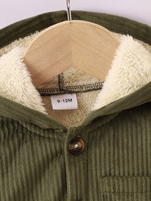 SHEIN Vintaside Kids Baby Boy Solid Color Button-Front Pocket Corduroy Hooded Long Sleeve Coat, Suitable For Autumn And Winter - Green - View 6