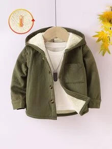 SHEIN Vintaside Kids Baby Boy Solid Color Button-Front Pocket Corduroy Hooded Long Sleeve Coat, Suitable For Autumn And Winter - Green - View 7