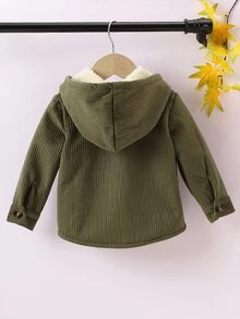 SHEIN Vintaside Kids Baby Boy Solid Color Button-Front Pocket Corduroy Hooded Long Sleeve Coat, Suitable For Autumn And Winter - Green - View 3