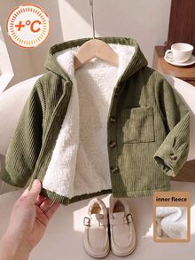 SHEIN Vintaside Kids Baby Boy Solid Color Button-Front Pocket Corduroy Hooded Long Sleeve Coat, Suitable For Autumn And Winter - Green - View 2