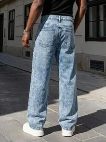 Manfinity Homme Quần jeans denim nam phong cách thường ngày, du lịch, giặt mài rách, có túi - Màu xanh lam - Xem 2