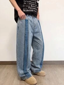 Manfinity Roghcode 男士大尺碼寬鬆版寬腿休閒牛仔褲，附口袋 - 淺色水洗藍 - 查看 6