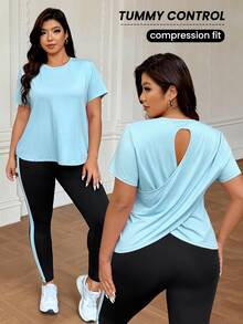 SHEIN Rhythm Era Plus Size Solid Color Versatile Crew Neck Short Sleeve T-Shirt And Striped Contrast Color Fitted Leggings Sports Set - Multicolor - View 3