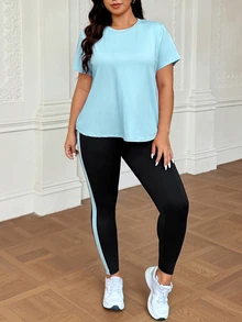 SHEIN Rhythm Era Plus Size Solid Color Versatile Crew Neck Short Sleeve T-Shirt And Striped Contrast Color Fitted Leggings Sports Set - Multicolor - View 7