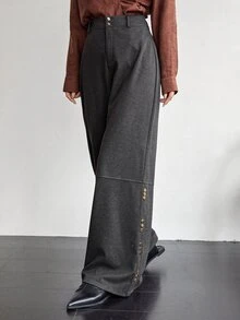 Dazy-Less Women's Fashion Versatile Commute Button Decor Long Pants Business Casual Casual Elegant Woman Autumn Business Office Work Charcoal Gray - Grey - View 3