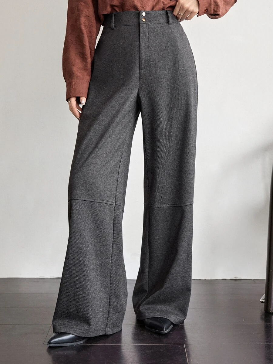 Dazy-Less Women's Fashion Versatile Commute Button Decor Long Pants Business Casual Casual Elegant Woman Autumn Business Office Work Charcoal Gray - Grey - View 1