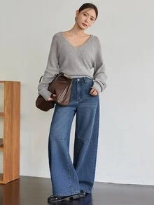 Dazy-Less Women's Casual Washed Wide Leg Jeans Business Casual Woman Fall - Medium Wash - View 3