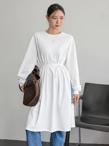 Dazy-Less Women's Minimalist Versatile Slit Long Sleeve T-Shirt For Daily Wear Business Casual Woman Fall - White - View 4