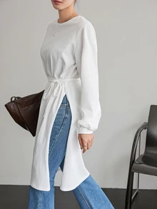 Dazy-Less Women's Minimalist Versatile Slit Long Sleeve T-Shirt For Daily Wear Business Casual Woman Fall - White - View 2
