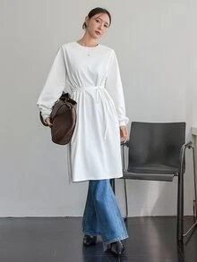 Dazy-Less Women's Minimalist Versatile Slit Long Sleeve T-Shirt For Daily Wear Business Casual Woman Fall - White - View 3
