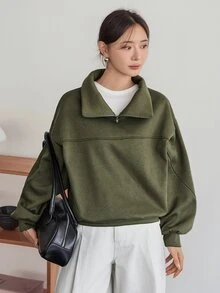 Dazy-Less Women's Solid Color Casual Versatile Daily Long Sleeve Sweatshirt Fall - Dark Green - View 3