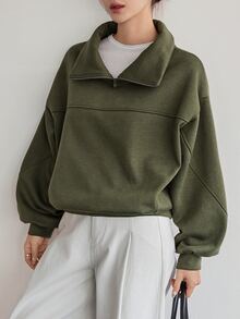 Dazy-Less Women's Solid Color Casual Versatile Daily Long Sleeve Sweatshirt Fall - Dark Green - View 1