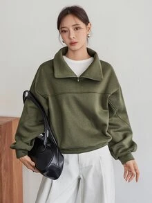 Dazy-Less Women's Solid Color Casual Versatile Daily Long Sleeve Sweatshirt Fall - Dark Green - View 4