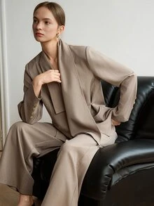 Dazy-Less Women's Solid Color Long Sleeve Jacket And Pants Casual Daily 2 Pieces Set Business Casual Woman Fall - Khaki - View 5