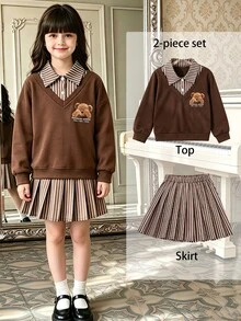 青少年女孩 2 件套連帽衫套裝，復古寬鬆針織休閒秋季服飾，卡通百褶條紋娃娃上衣與裙子，韓系風格 - 彩色 - 查看 7
