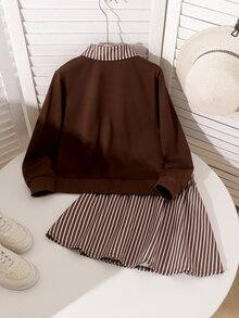 青少年女孩 2 件套連帽衫套裝，復古寬鬆針織休閒秋季服飾，卡通百褶條紋娃娃上衣與裙子，韓系風格 - 彩色 - 查看 3