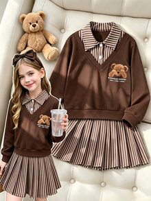 青少年女孩 2 件套連帽衫套裝，復古寬鬆針織休閒秋季服飾，卡通百褶條紋娃娃上衣與裙子，韓系風格 - 彩色 - 查看 2