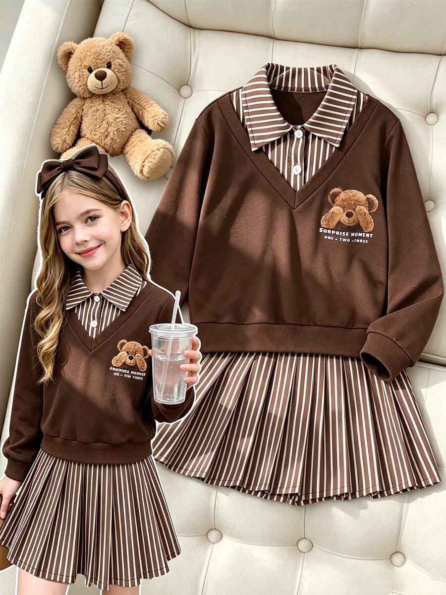 青少年女孩 2 件套連帽衫套裝，復古寬鬆針織休閒秋季服飾，卡通百褶條紋娃娃上衣與裙子，韓系風格