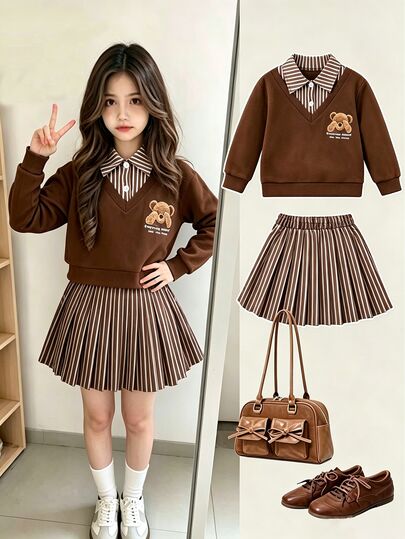 Tween Girls 2pcs Set Vintage,Loose, Knit, Casual, Fall, Cartoon Pleated Stripe Fall Fall Clothes Clothes Pull Skirt Shirt Babydoll Top Korean Pull