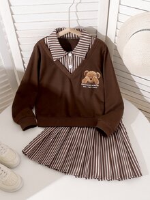 青少年女孩 2 件套連帽衫套裝，復古寬鬆針織休閒秋季服飾，卡通百褶條紋娃娃上衣與裙子，韓系風格 - 彩色 - 查看 5