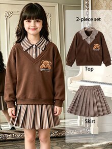 青少年女孩 2 件套連帽衫套裝，復古寬鬆針織休閒秋季服飾，卡通百褶條紋娃娃上衣與裙子，韓系風格 - 彩色 - 查看 6