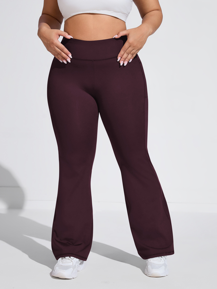 SHEIN Rhythm Era Mid-To-High Waist Side Pocket Flare Leg Sports Long Pants Suitable For Yoga And Fitness - Burgundy - View 4
