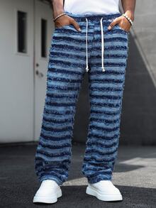 Manfinity Homme Men's Drawstring Waist Tassel Design Casual Versatile Jeans - Blue - View 3