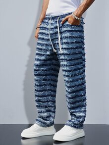Manfinity Homme Men's Drawstring Waist Tassel Design Casual Versatile Jeans - Blue - View 1