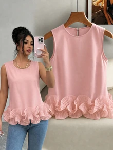 SHEIN 女款春夏優雅休閒約會圓領緞面雙層荷葉邊下擺無袖背心 - 粉色 - 查看 4