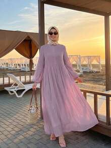 Solavon Women's Solid Color Pleated Design Button Lantern Sleeve Long Dress Vacation Dusty Mauve Autumn Elegant - Lilac Purple - View 8