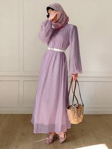 Solavon Women's Solid Color Pleated Design Button Lantern Sleeve Long Dress Vacation Dusty Mauve Autumn Elegant - Lilac Purple - View 7