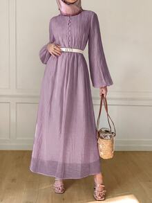 Solavon Women's Solid Color Pleated Design Button Lantern Sleeve Long Dress Vacation Dusty Mauve Autumn Elegant - Lilac Purple - View 5