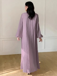 Solavon Women's Solid Color Pleated Design Button Lantern Sleeve Long Dress Vacation Dusty Mauve Autumn Elegant - Lilac Purple - View 3