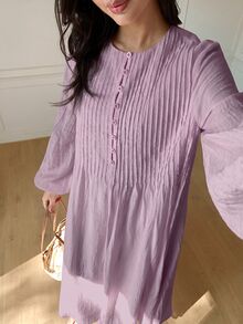 Solavon Women's Solid Color Pleated Design Button Lantern Sleeve Long Dress Vacation Dusty Mauve Autumn Elegant - Lilac Purple - View 4