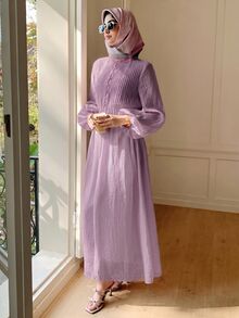 Solavon Women's Solid Color Pleated Design Button Lantern Sleeve Long Dress Vacation Dusty Mauve Autumn Elegant - Lilac Purple - View 6