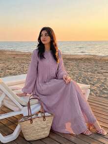 Solavon Women's Solid Color Pleated Design Button Lantern Sleeve Long Dress Vacation Dusty Mauve Autumn Elegant - Lilac Purple - View 9