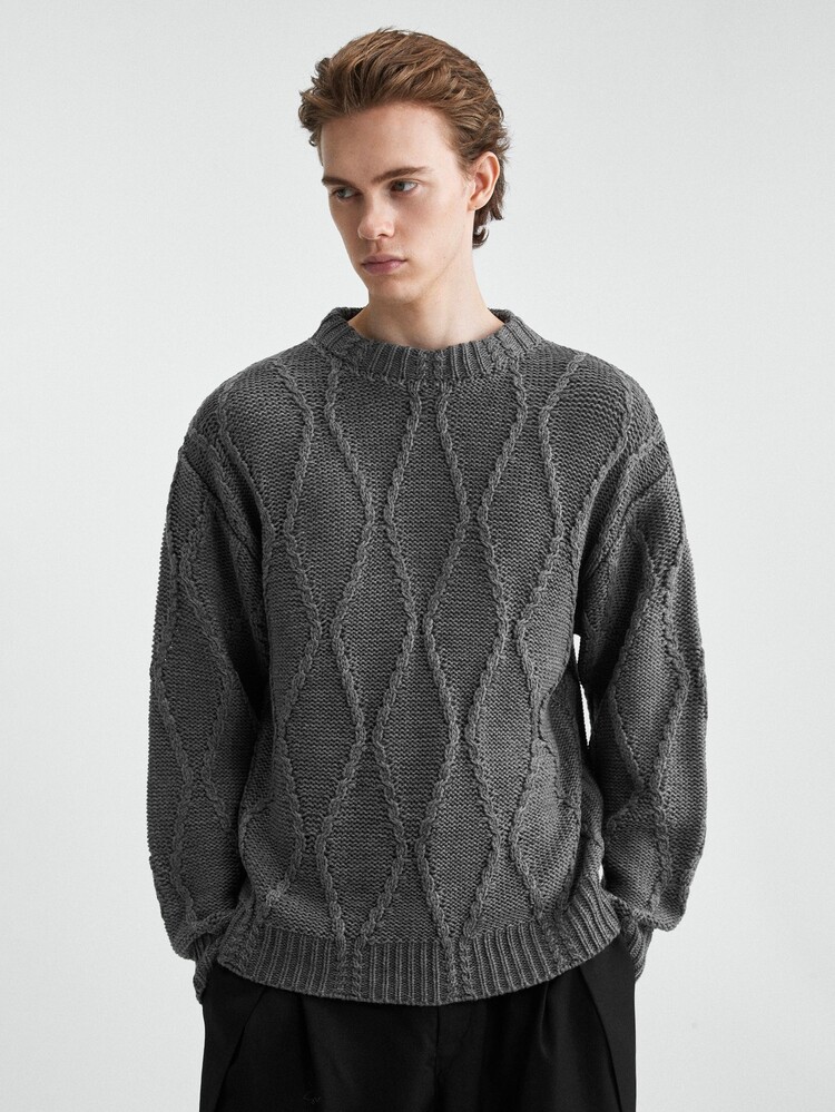 RONVEXI Men's Cable Knit Crew Neck Long Sleeve Casual Versatile Sweater - Grey - View 6