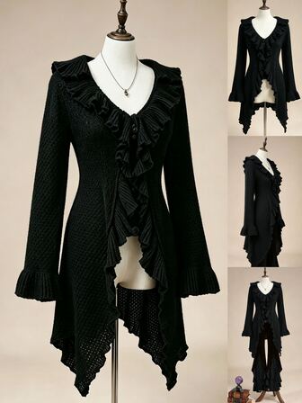 Hippie Cardigan in maglia nero casual da donna taglie forti con scollo a V e colletto con volant, effetto snellente