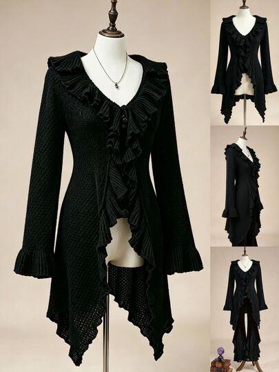 ROMWE Hippie Plus Size Women's Black Casual V-Neck Knit Cardigan With Ruffle Collar, Slimming