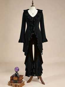 ROMWE Hippie Plus Size Women's Black Casual V-Neck Knit Cardigan With Ruffle Collar, Slimming - Black - View 3