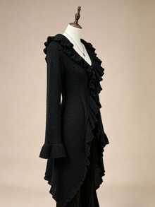 ROMWE Hippie Plus Size Women's Black Casual V-Neck Knit Cardigan With Ruffle Collar, Slimming - Black - View 5