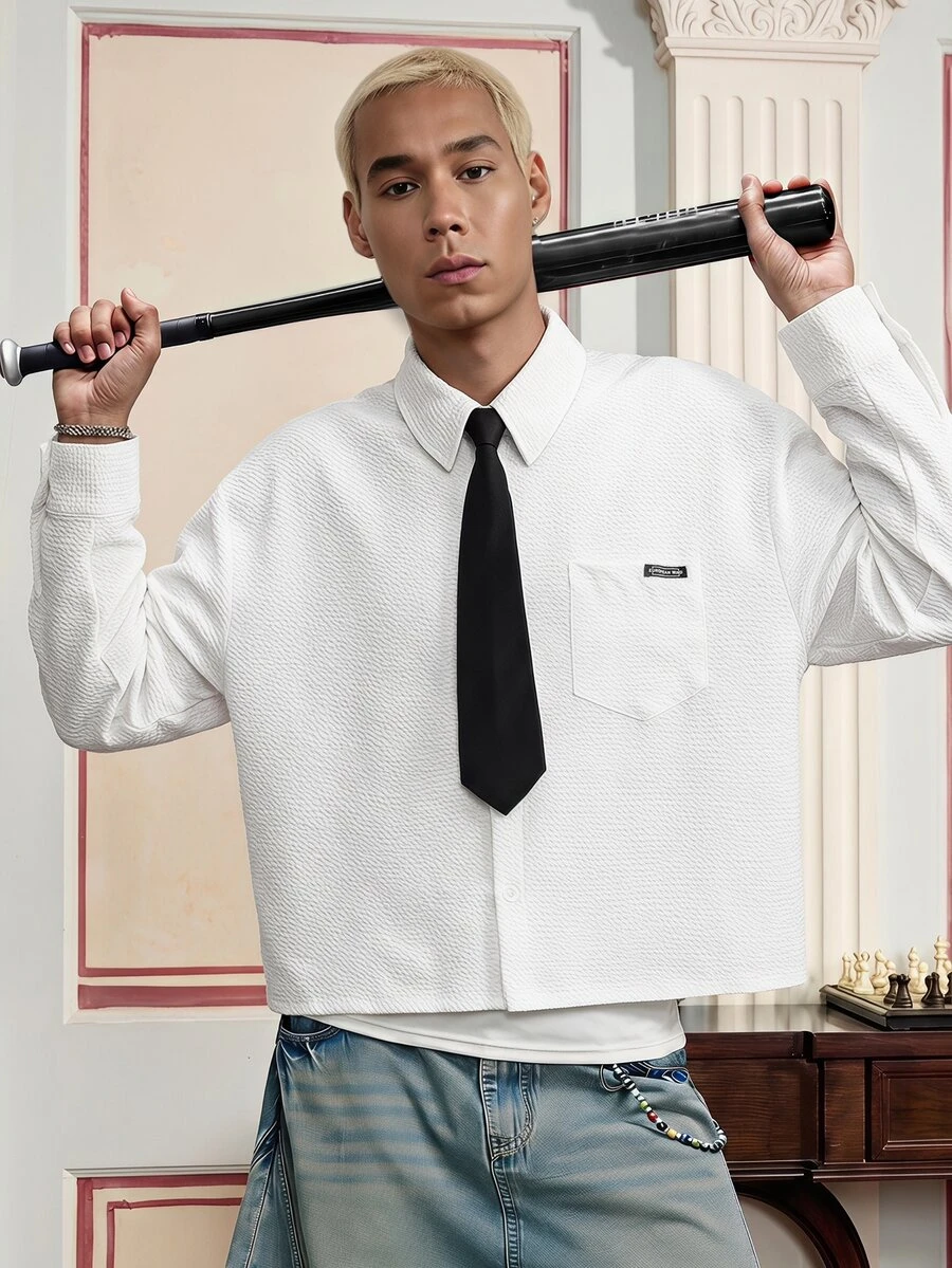 SWAVVY Men's Casual Versatile Solid Color Tie Shirt - White - View 1