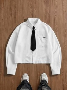 SWAVVY 男士休閒百搭純色領帶襯衫 - 白色 - 查看 1