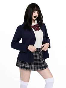 ROMWE J-Fashion سترة طويلة فضفاضة بتفاصيل أزرار أنيقة بأسلوب جامعي للنساء والفتيات - أزرق بحري - مشاهدة 9